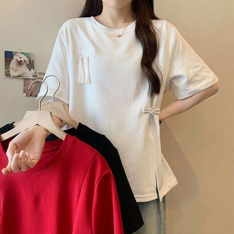 Chinese ethnic style retro red split design short sleeve T-shirt women's summer fashion plus size new loose casual top Casual round Pullover Spli