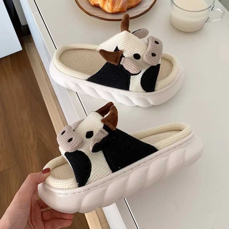Cute Women Cow Linen Home Slippers Men Four Seasons Indoor Flip Flops Female Indoor Floor Shoes Adult Comfortable Cartoon Slides S260305