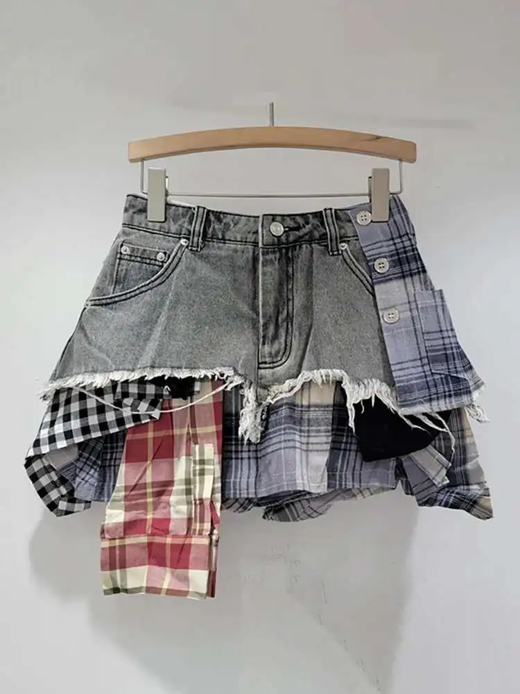 DEAT Womens Denim Skirt Colored Plaid Patchwork Irregular Deconstructed A-line High Waist Mini Skirt 2026 Spring Fashion 260228