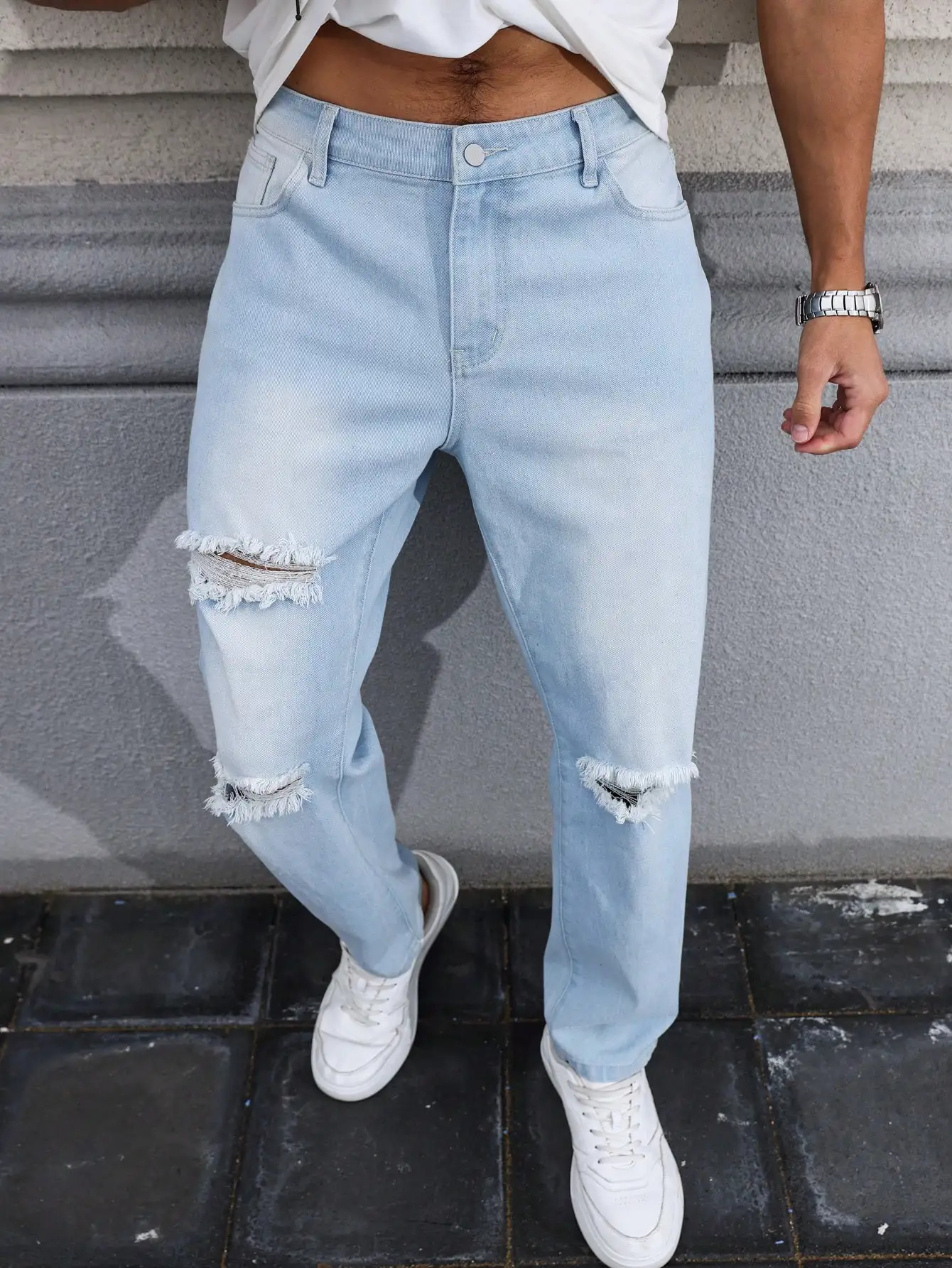 Mens Light Blue Ripped Jeans for Spring and Autumn Casual Denim Trousers Street Daily 260228