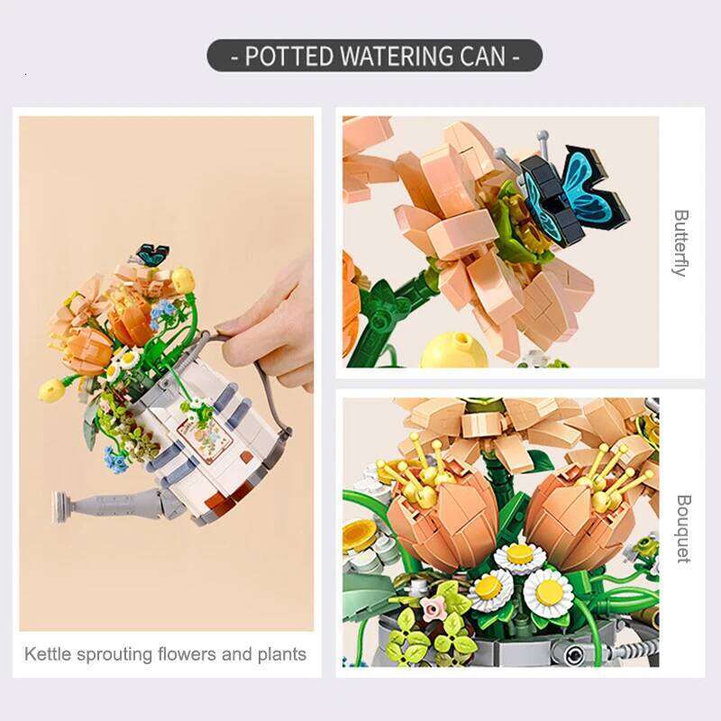 Mini Watering Can Potted Building Blocks Flower DIY Plant Bonsai Bouquet 3D Model Home Decoration Children's Assembled Toy Gift Z260306