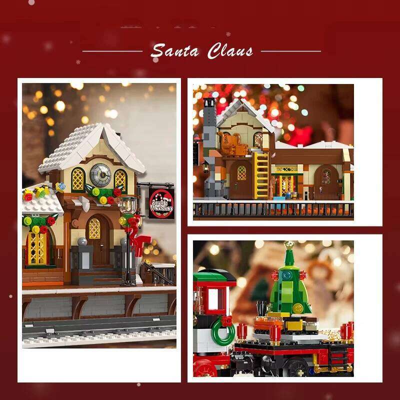 1362pcs Christmas Train Platform Building Blocks Set Winter Railway Station Model with Light Street View Kids Assembly Toy Gift Z260305