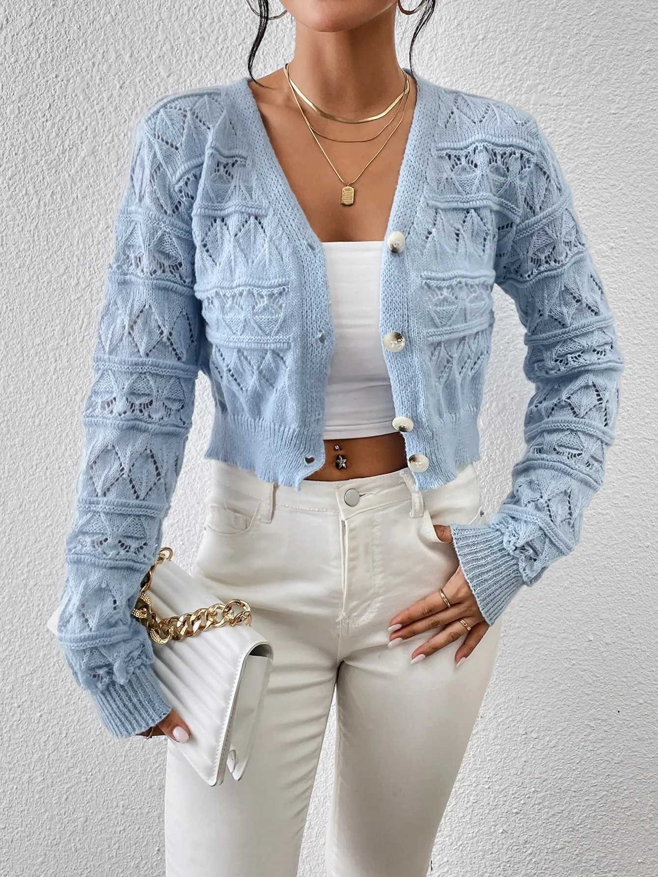 2026 New Autumn Women V-neck Knitwears Long Sleeve Knitted Sweaters Hollow Out Embroidery Single Breasted Short Cardigans Tops M260306