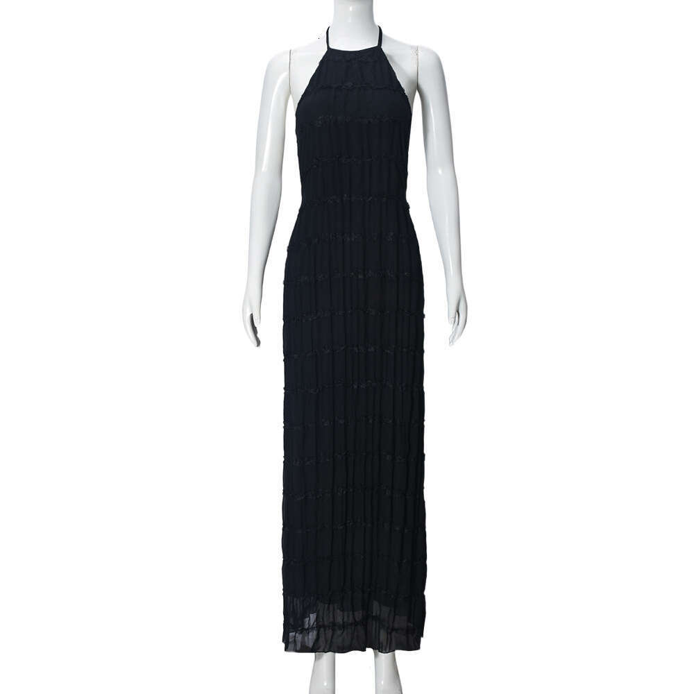 European and American foreign trade women's backless pleated fabric unique dress, new breathable lace-up ruffle long dress