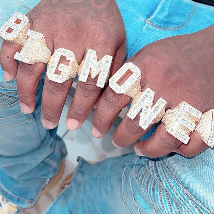 Hip Hop Mens Diamond Vvs Moissanite Pass 925 Sterling Silver Full Baguette Jewelry Big Finger Letter Ring for Men