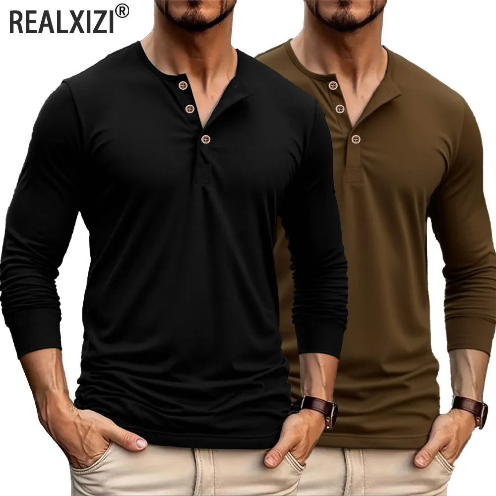Autumn Men Button Long Sleeve Henley Neck TShirt Solid Color Casual Breathable Tops Street Tees Versatile Fashion Slim TShirts 260302