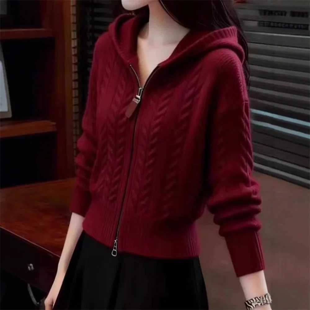 Womens Fashion Knitted Zipper Hooded Cardigan Sweater Jackets Spring Autumn Winter Korean Style Twist Sweater Cardigans Clothes M260306