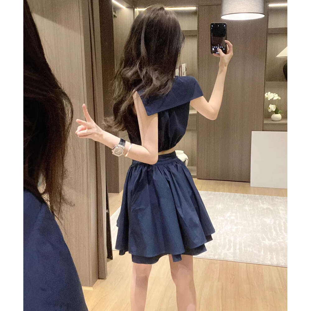 2026 new retro style slim fit bright navy blue a2 sleeveless dress paired with a back waist tie and sexy short skirt