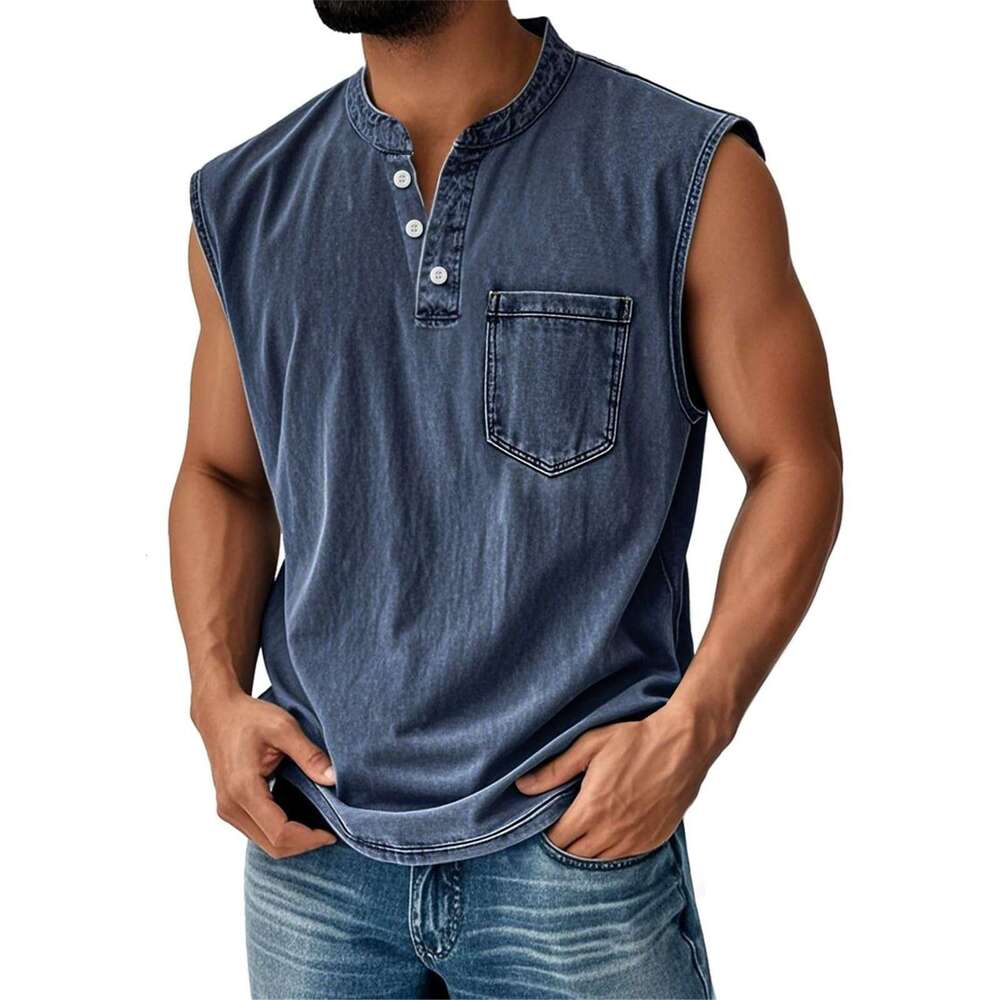 2026 European and American popular sleeveless for young men, casual trendy open-front T-shirt wholesale