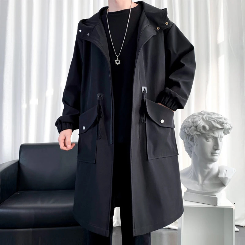 Trench Coat Mens Fashion Army green Overcoat Men Casual Windbreaker Solid Long Male Autumn Homme BlackKhakiArmy 260302