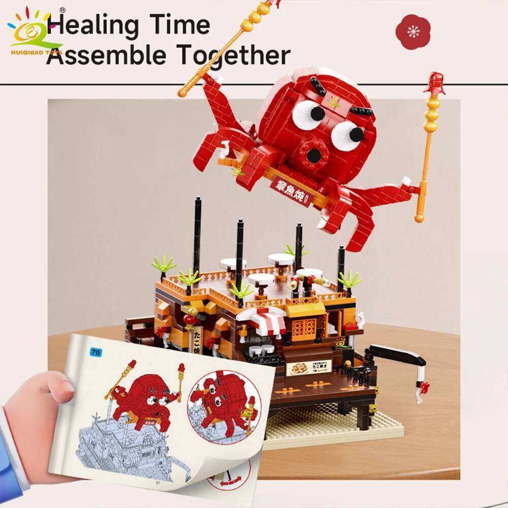 HUIQIBAO MOC Japan Sushi Octopus Yaki Street Shop model Micro Building Block Model Mini Brick Toy for Children Desk Decor. Z260306