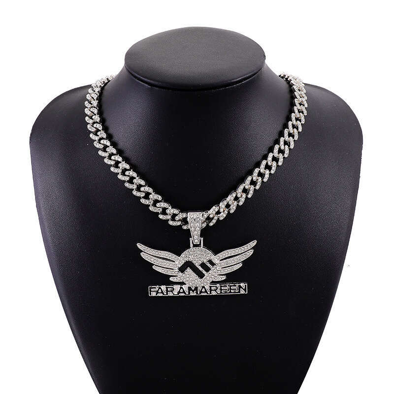 Diamond-encrusted wings, exaggerated necklace with letter pendant, high-quality electroplated Cuban color-retaining, light luxury collarbone chain, wh