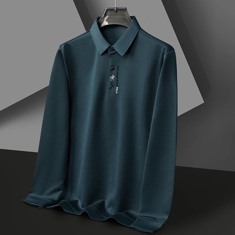 High end ice silk long sleeved T-shirt cool and comfortable casual mens fashion embossed spring and autumn polo shirt 260304