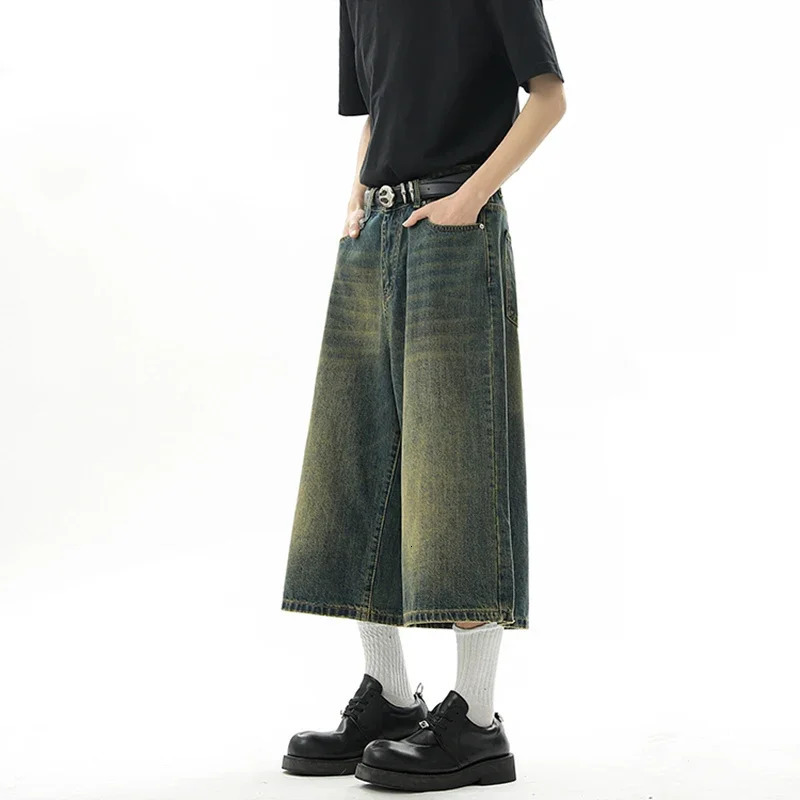 Mens Baggy Denim Shorts Summer Jorts Fashion Retro Casual Loose Wide-leg Calf-length Jeans Y2K Streetwear Korean Style 260306