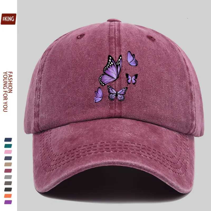 New Simple Versatile Butterfly Print Washed Vintage Soft Top Sunshade Baseball Cap Unisex Baseball Cap S260306