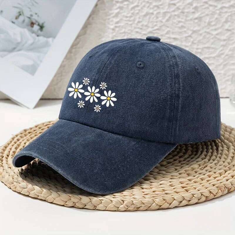 Fashion Versatile Little Daisy Cartoon Print Washed Vintage Soft Top Sunshade Unisex Baseball Cap Y260304