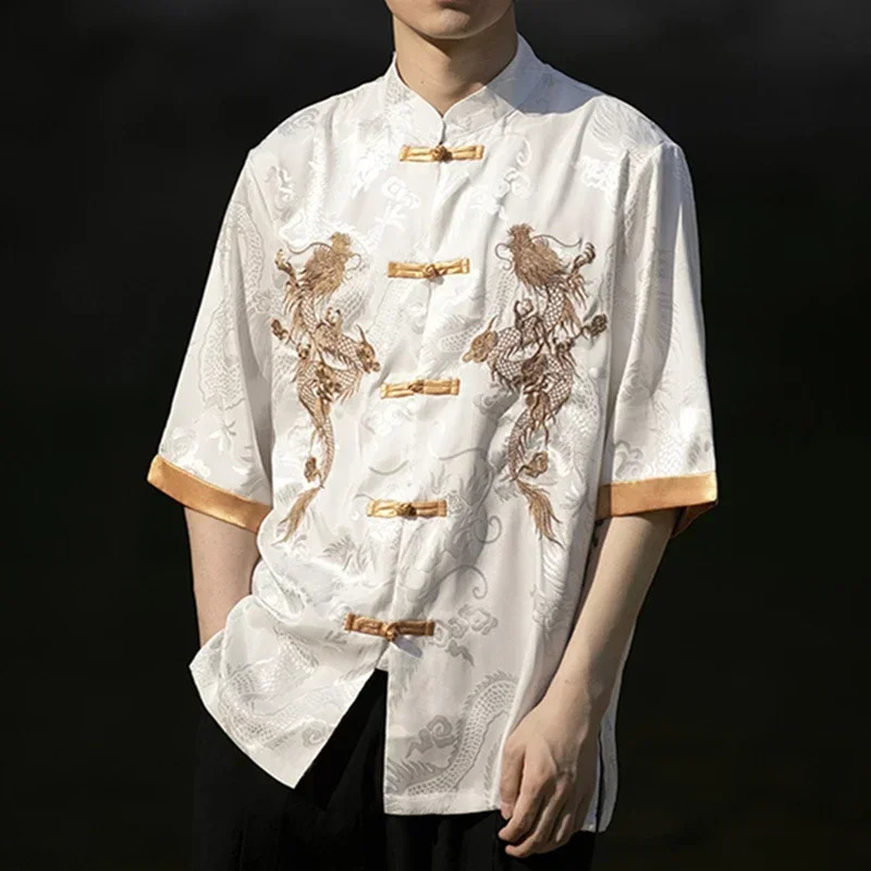High Quality Summer Chinese Traditional Dress Dragon Embroidery Shirt Men Clothing Ice Silk Half Sleeve Vintage Tops Plus Size 260227