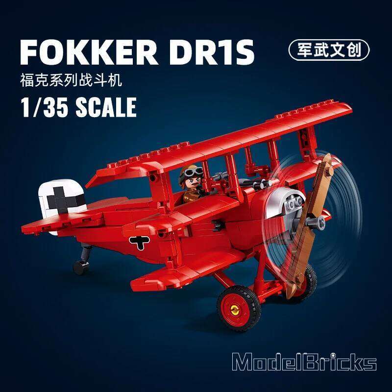 Sluban WW1 1/32 Fokker DR-1 Fighter Jet Model Building Blocks Military Red Baron Air Force Aircraft DIY Bricks Set Kids Toy Gift Z260306
