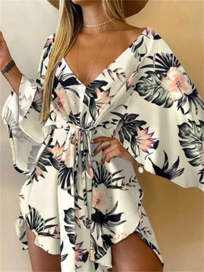 Women Print Dress Sexy V-Neck Bat Sleeve Ruffl Flowers Print Bohemian Beach Sundress Ladies Loose Summer Vacation Mini Dresses X260306