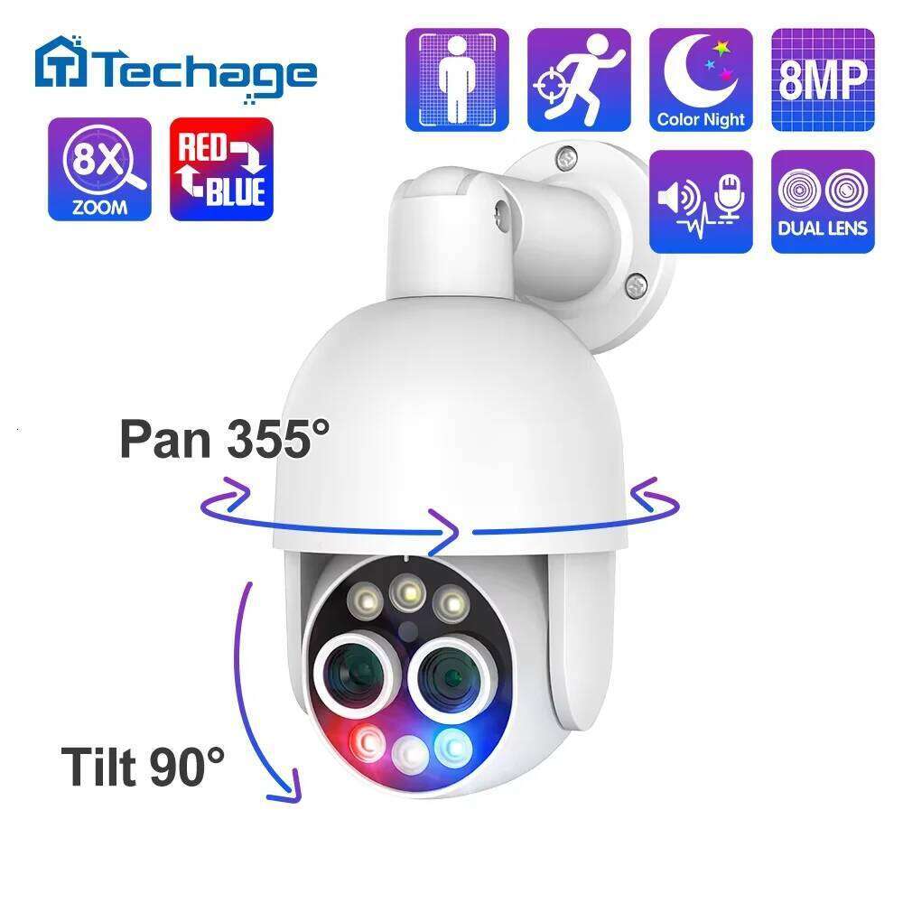 Techage 8MP PTZ Dual Lens POE IP Camera 8X Hybrid Zoom Auto Tracking Colorful Night Vision for Security Surveillance Kit 26W0306