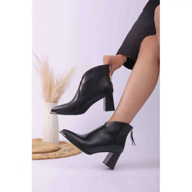 2026 Pointed Toe Ankle Boots Fashion Back Zippers Short Botas Ladies Elegant Square High Heel Women's Footwear