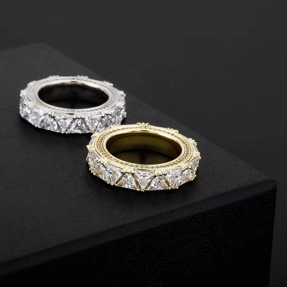 Fashion Jewelry Urban Men Women Hip Hop Brass Gold Rhodium Plated Iced Triangle Zircon Couple Ring Round Cut Wedding Rings
