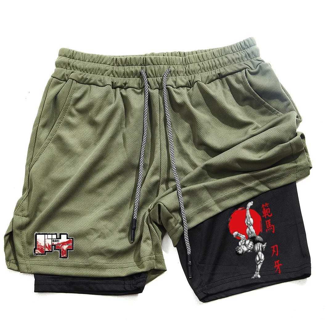 Mens and womens gym shorts quick drying mesh shorts animated printed Baki Hanma sleeves 2-in-1 X260306