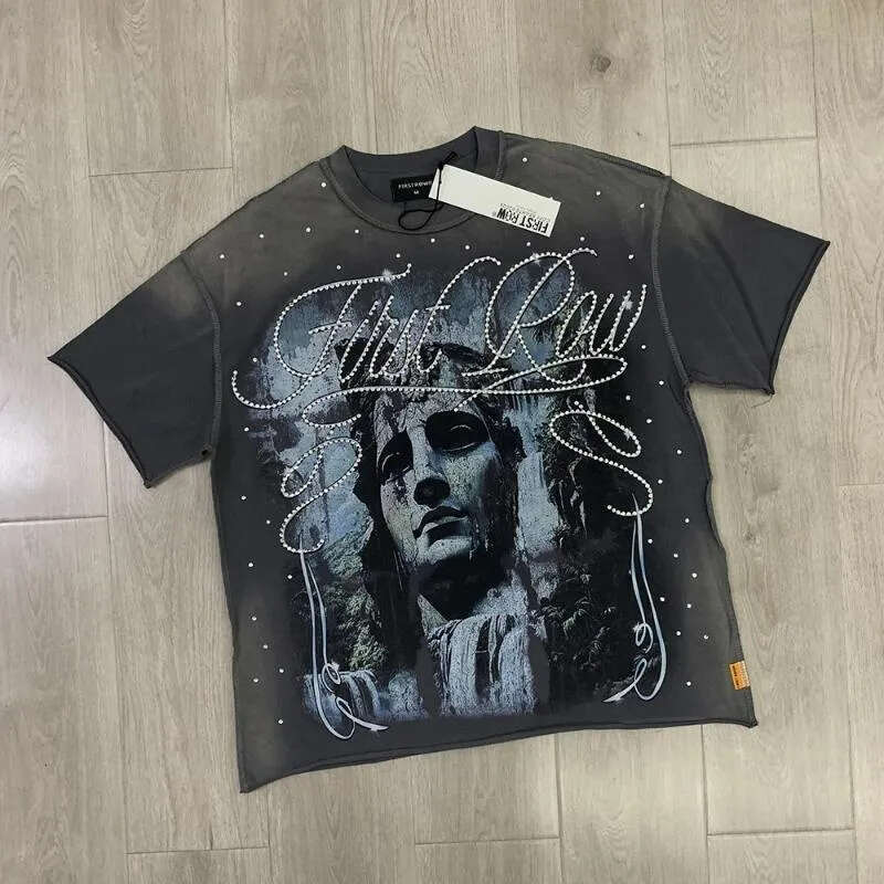 Men's T-Shirts Men's Tees Streetwear Vintage Heart Shirt Washed Diamond Cropped Tee For Men Crew Neck Short Sleeve Loose Cotton Rhineston Me