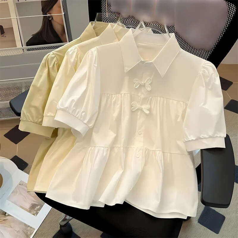 New Chinese style short sleeved shirt for women's summer fluffy sleeve shirt, loose top for women's casual loose neck shirt, suitable for co