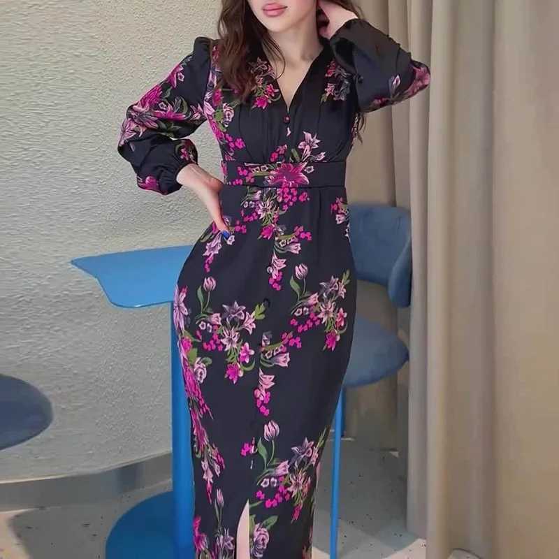 Fashion Long Sleeved Split Party Dress Bohemian High Waisted Casual Beach Dresses Ladies Sexy V-neck Floral Print Holiday Dress X260306