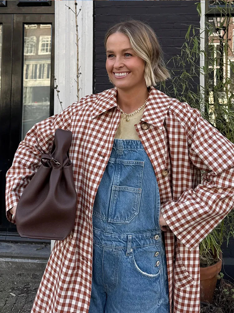 Women Plaid Long Windbreaker Fashion Chic Lapel Single Breasted Pocket Loose Jackets Lady Daily Commuting Street Outerwear 260228