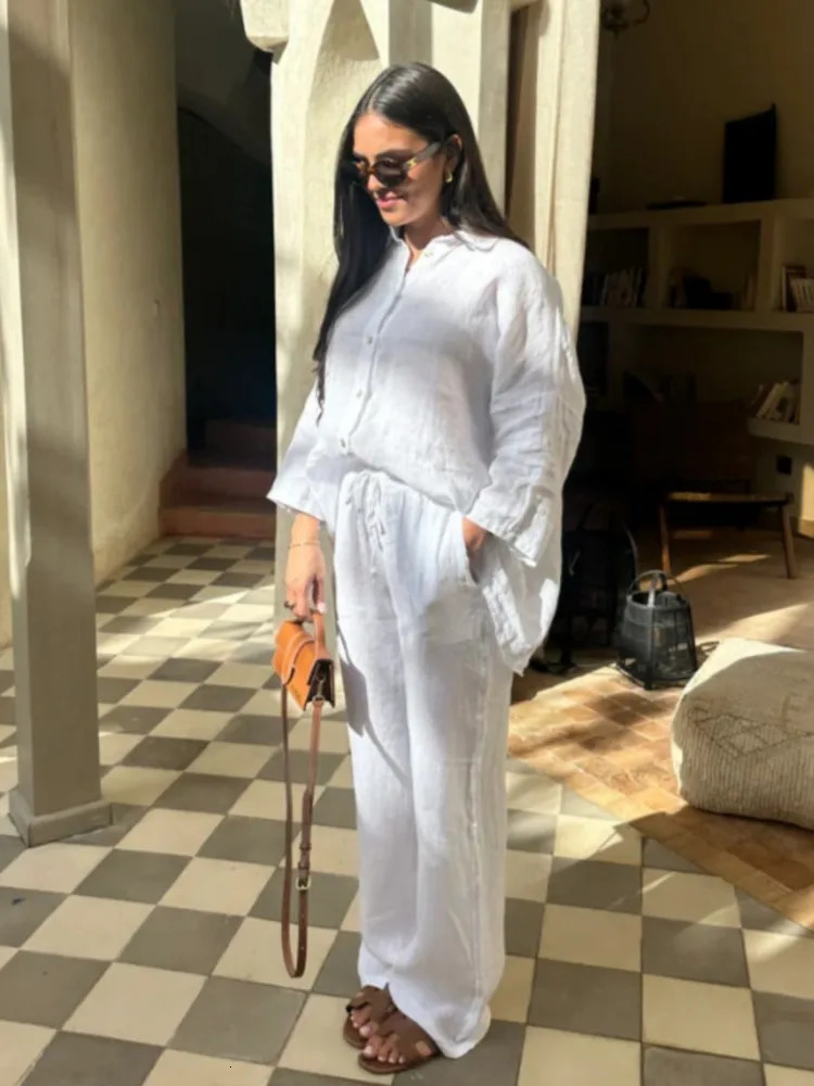 Womens Suit Solid Cotton Linen Two Piece Set Spring Summer Fashion Button Shirt Pants Sets Casual Loose Style 2 Piece Outfit 260305