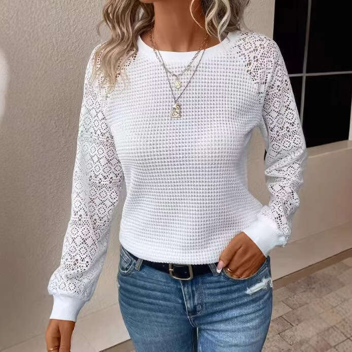 manufacturer European and American 2025 new solid Designer color lace long-sleeve hollow-out round-neck casual women's T-shirt top