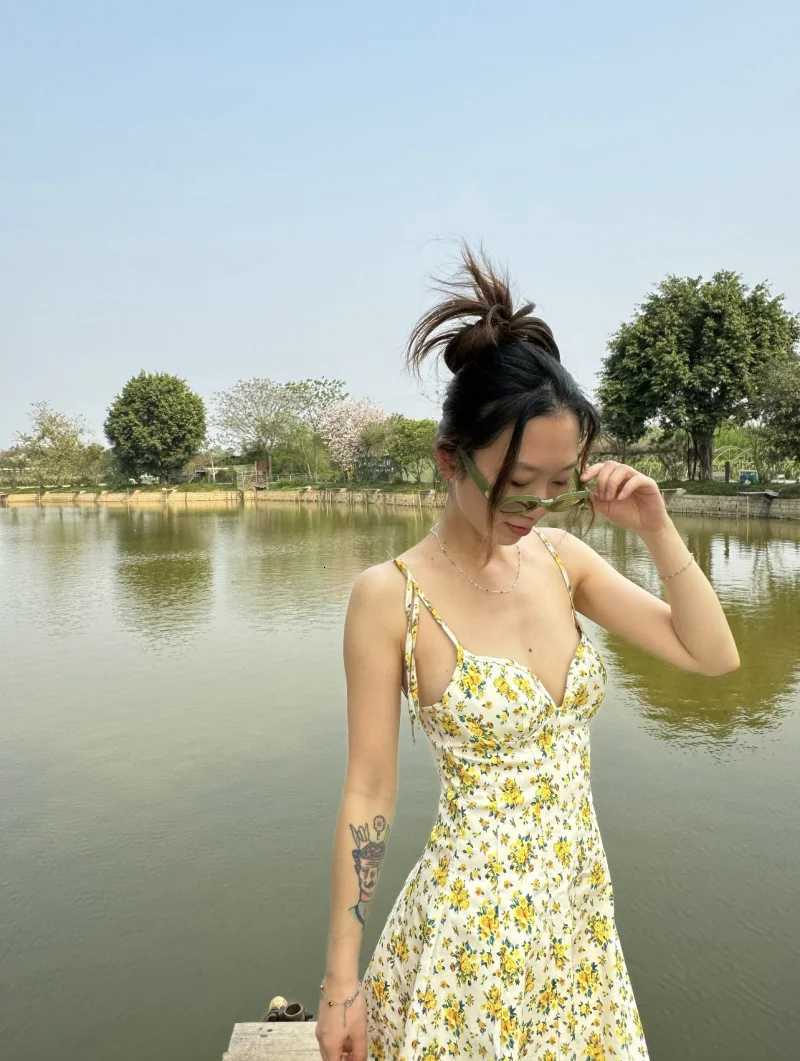 ETJ 2025 Summer new womens fashion and sexy V-neck floral printed poplin French adjustable lace-up dress X260306