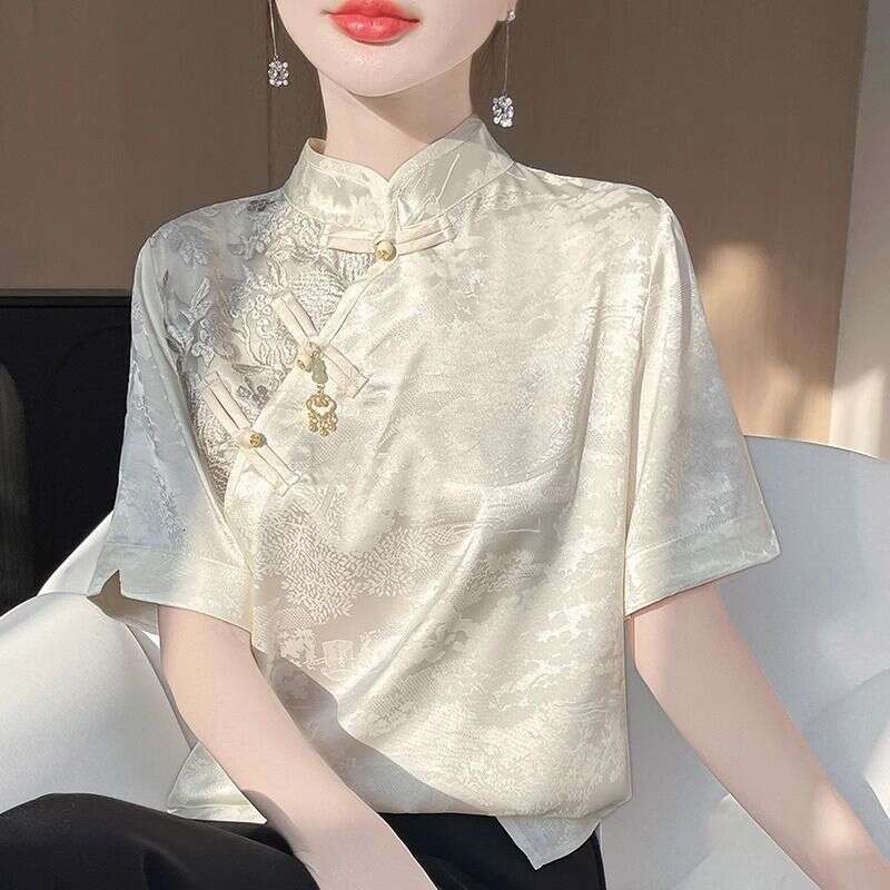 Spring Women Fashion Short Sleeve Shirt Retro Lady Leisure Cardigan Satin Outwear 2025 Femme Stand-up Collar Jacquard T-shirt Embroidery Jacquard Qipa