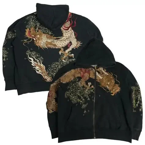American Retro Zipper Hoodie Y2K Clothes Men Women Hip Hop Retro Embroidery Casual Oversized Hoodie Jacket Sakura Dragon Graphic 260304