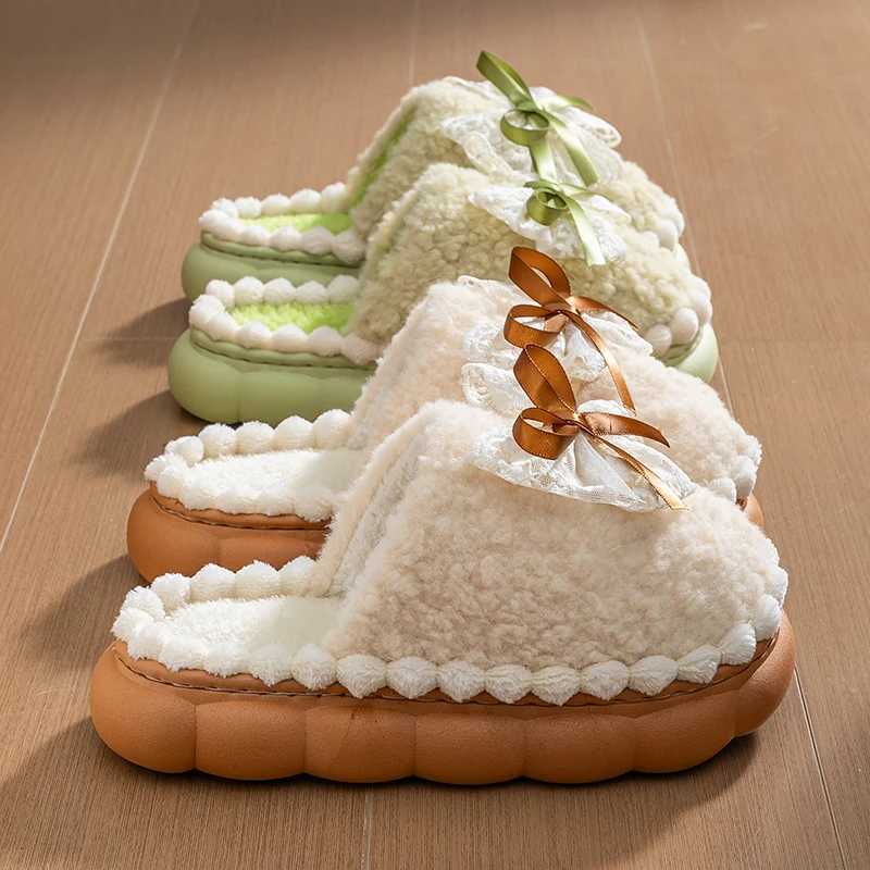 Winter Warm Fur Slippers For Women Thick-Soled Household Slippers Cute Bow Non Slip Soft Home Shoes Indoor Plush Womens Slipper S260305