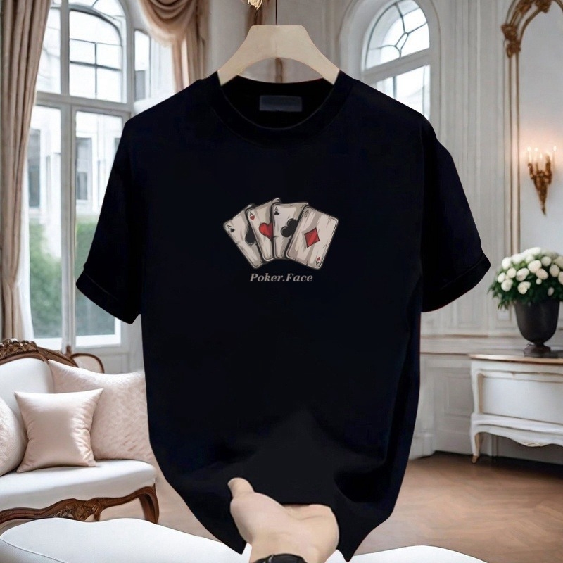 Poker print T-shirt for men summer short-sleeve heavyweight T-shirt 2026 new style men's top thin style trendy brand short-sleeve handsome