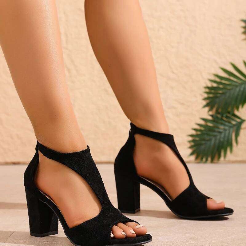 2025 Summer New Women's Fashionable and Comfortable High with Bare Toes Anti Slip Solid Color Coarse Heel Sandals
