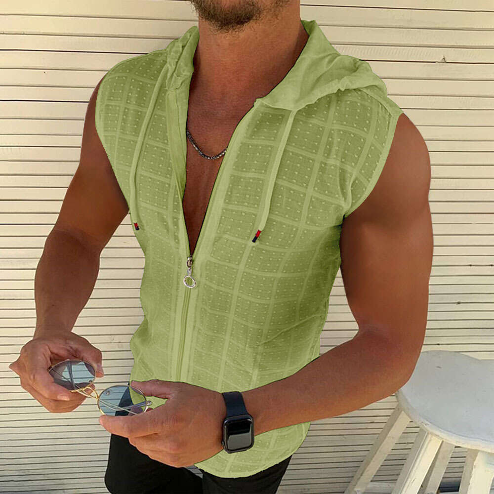 Cross-Border Foreign Trade European Size Summer Zipper Cardigan Fashion Plaid Lightweight Breathable Men's Sleeveless Hoodie