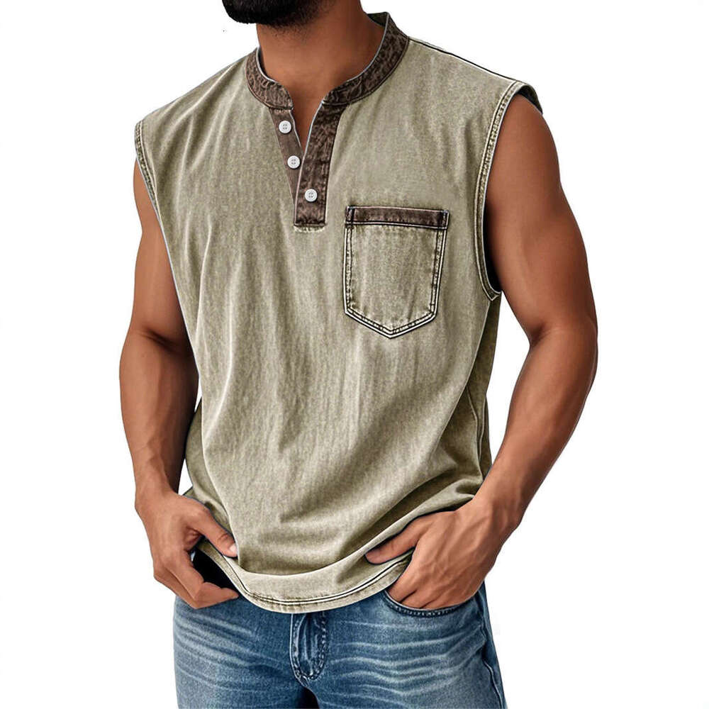 Spring Autumn European and American Cross-Border Men's Wear 3D Printed Three-Button Sleeveless for Young Men Casual Trendy Open-Front T-Shirt