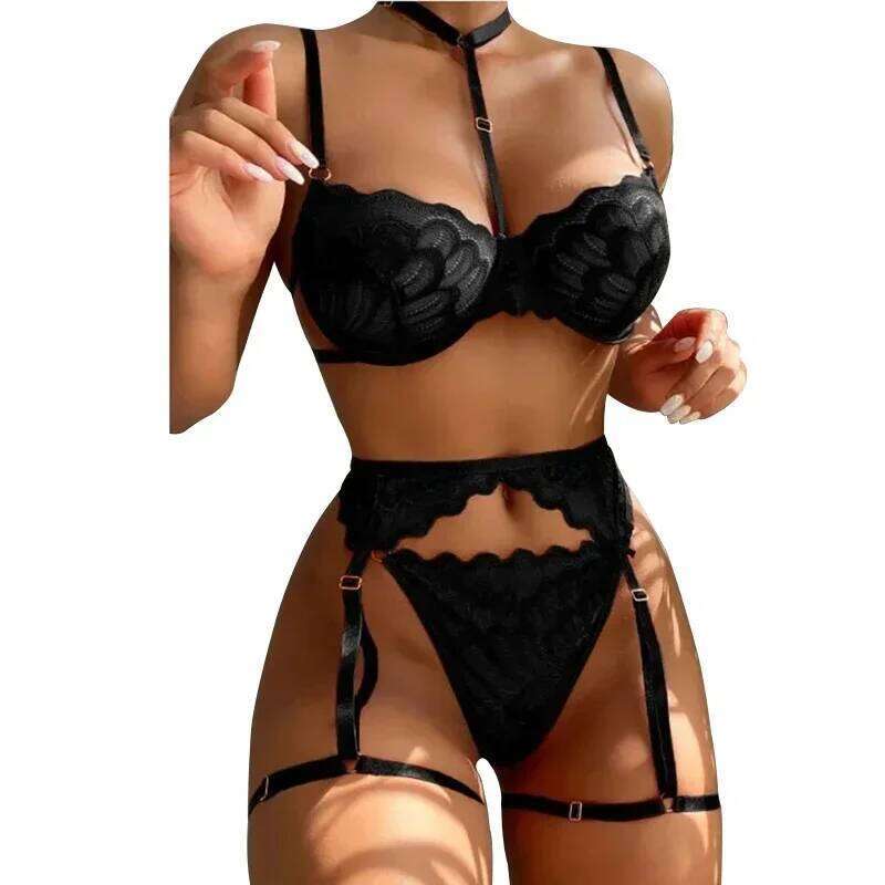 Women's Sexy Set Floral Lace Underwear Suit For Women Mesh Hollow Out Suits Female Bra Thongs Three-piece Lingerie