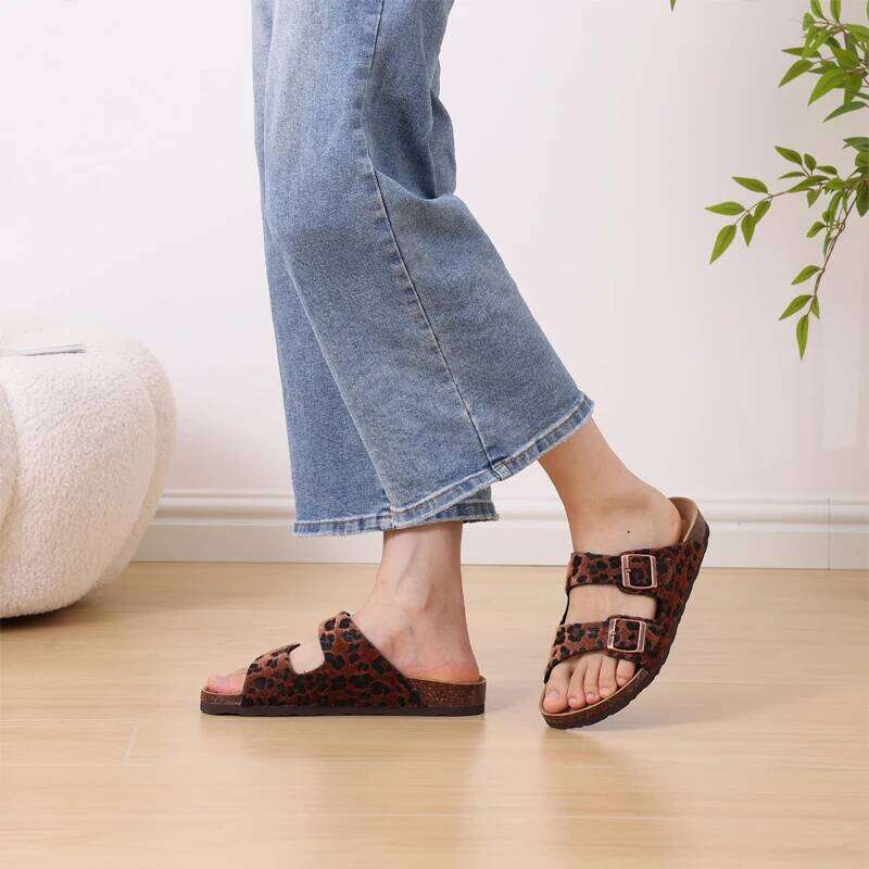 Litfun Classic Women's Sandals Casual Cork Footbed Flat Bottom Slippers Open Toe Leopard Designed Slides With Adjustable Buckle