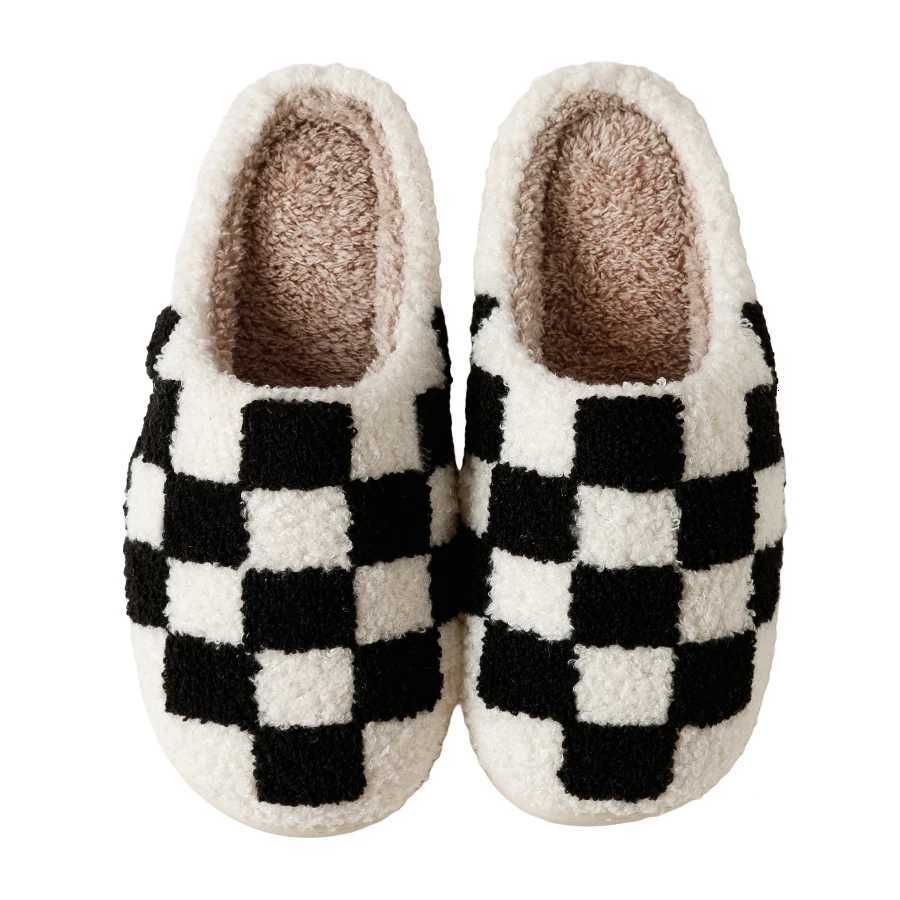 Slippers Classic Checkerboard Embroidered Pattern Womens Winter Indoor Soft Sole Warm Comfy Leisure Bedroom Fuzzy Home Shoes S260305