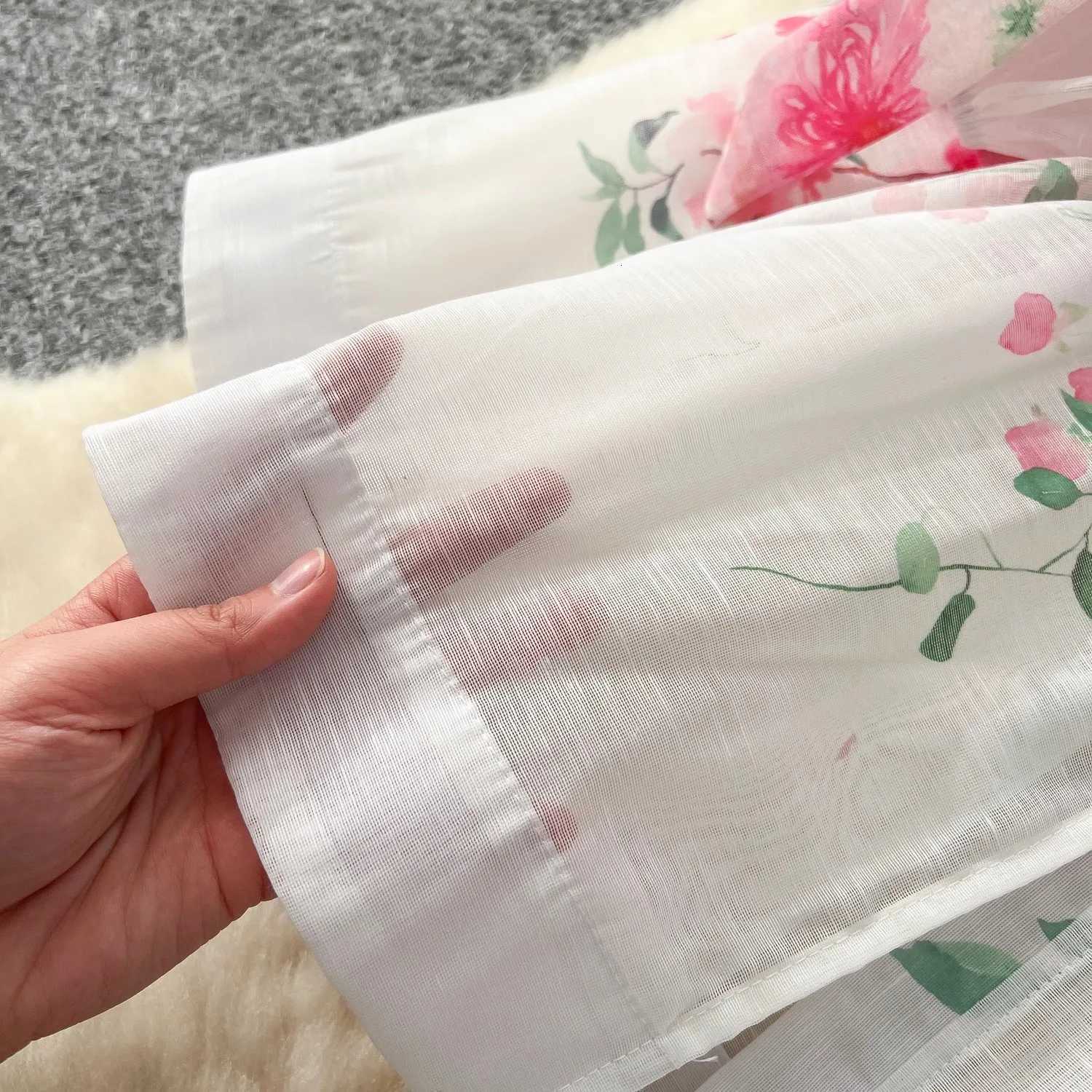 2025 Spring Holiday Gorgeous Flower Organza Dress Women Lantern Long Sleeve Beaded Button Floral Print Belt Lace Up Boho Vestido X260306