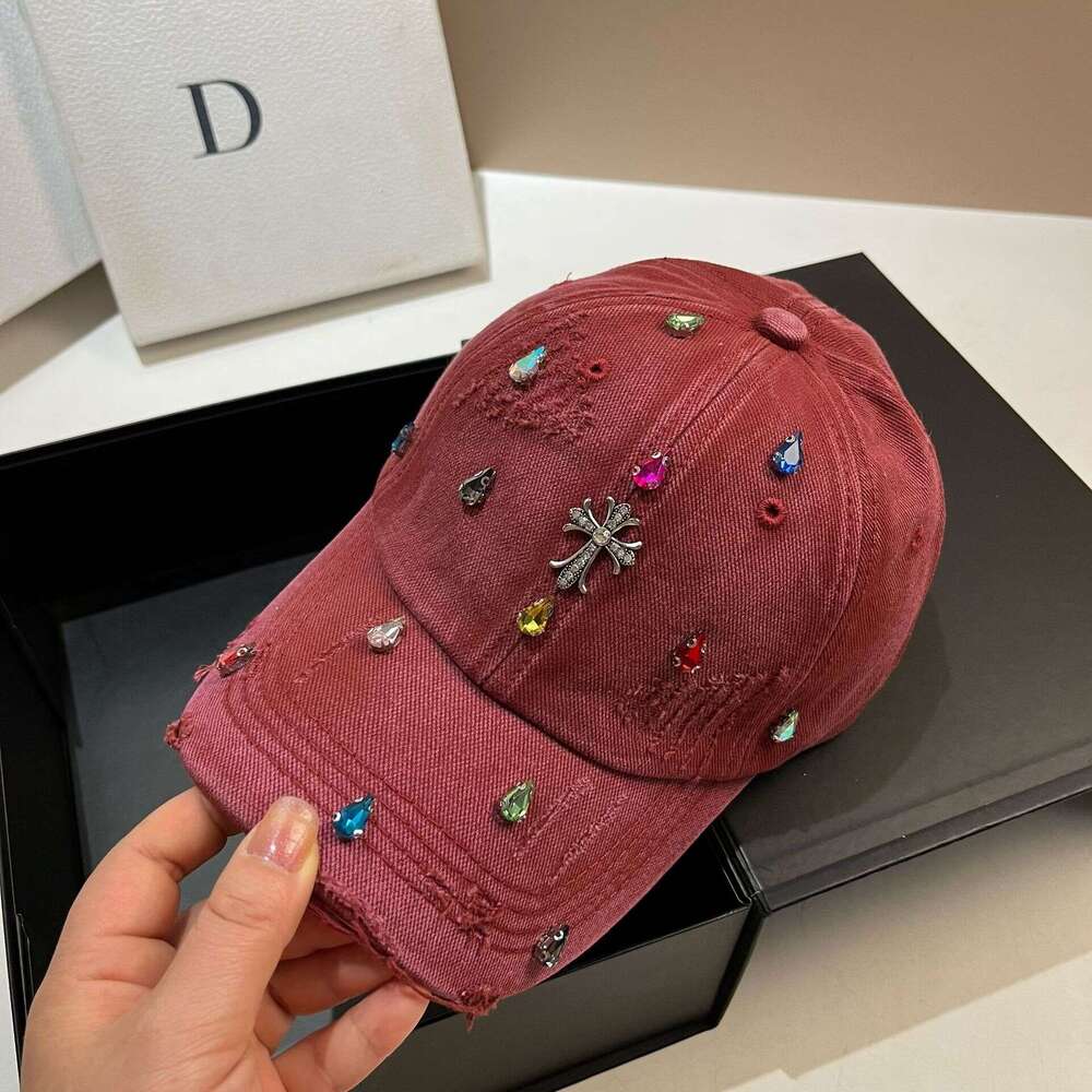 Distressed Multicolor Rhinestone Cross Baseball Cap Women Gothic Hat for Daily Commute & Streetwear