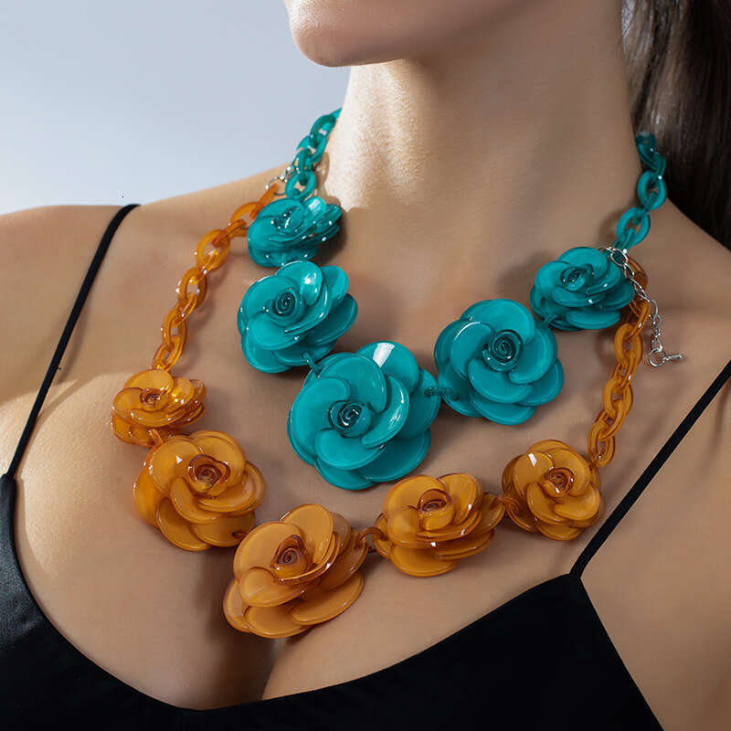 fashion acrylic flower necklace, Bohemian style dopamine color-blocking rose sweater chain