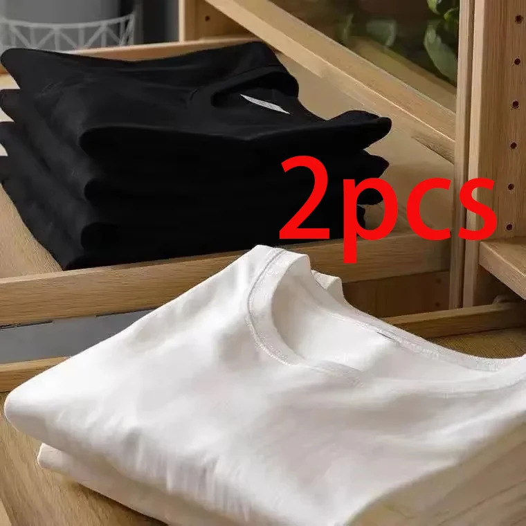 2pcs Solid Color Tshirt 100 Cotton Men Women White ONeck Loose Shortsleeved Basic Models Allmatch Couple Tops Black 260302