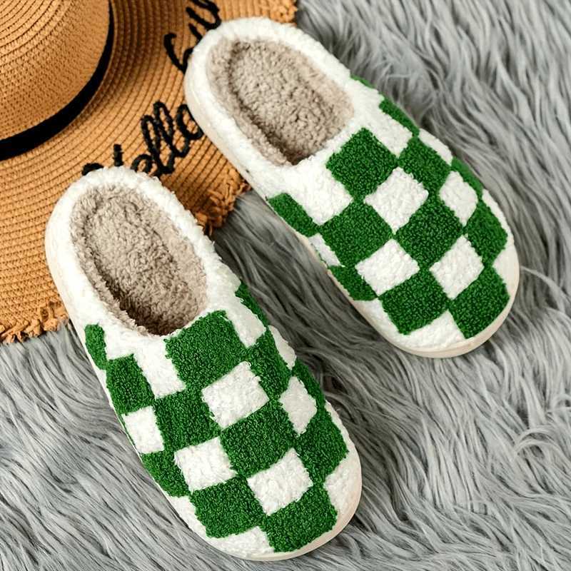 Checkerboard Pattern Slippers Casual Slip On Plush Lined Shoes Comfortable Indoor Home SlippersLadies Cotton Indoor Outdoo S260305