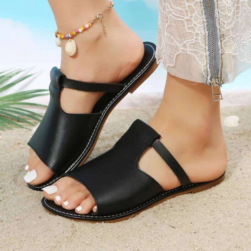 2025 summer new casual fashion solid color open toe slippers simple non-slip women's low heeled sandals